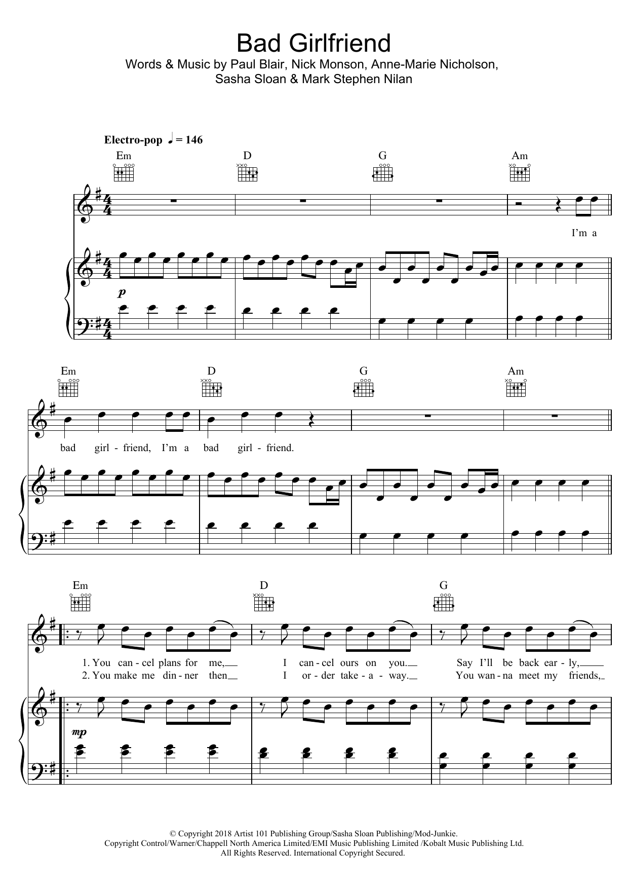 Anne-Marie Bad Girlfriend Sheet Music Notes & Chords for Piano, Vocal & Guitar (Right-Hand Melody) - Download or Print PDF