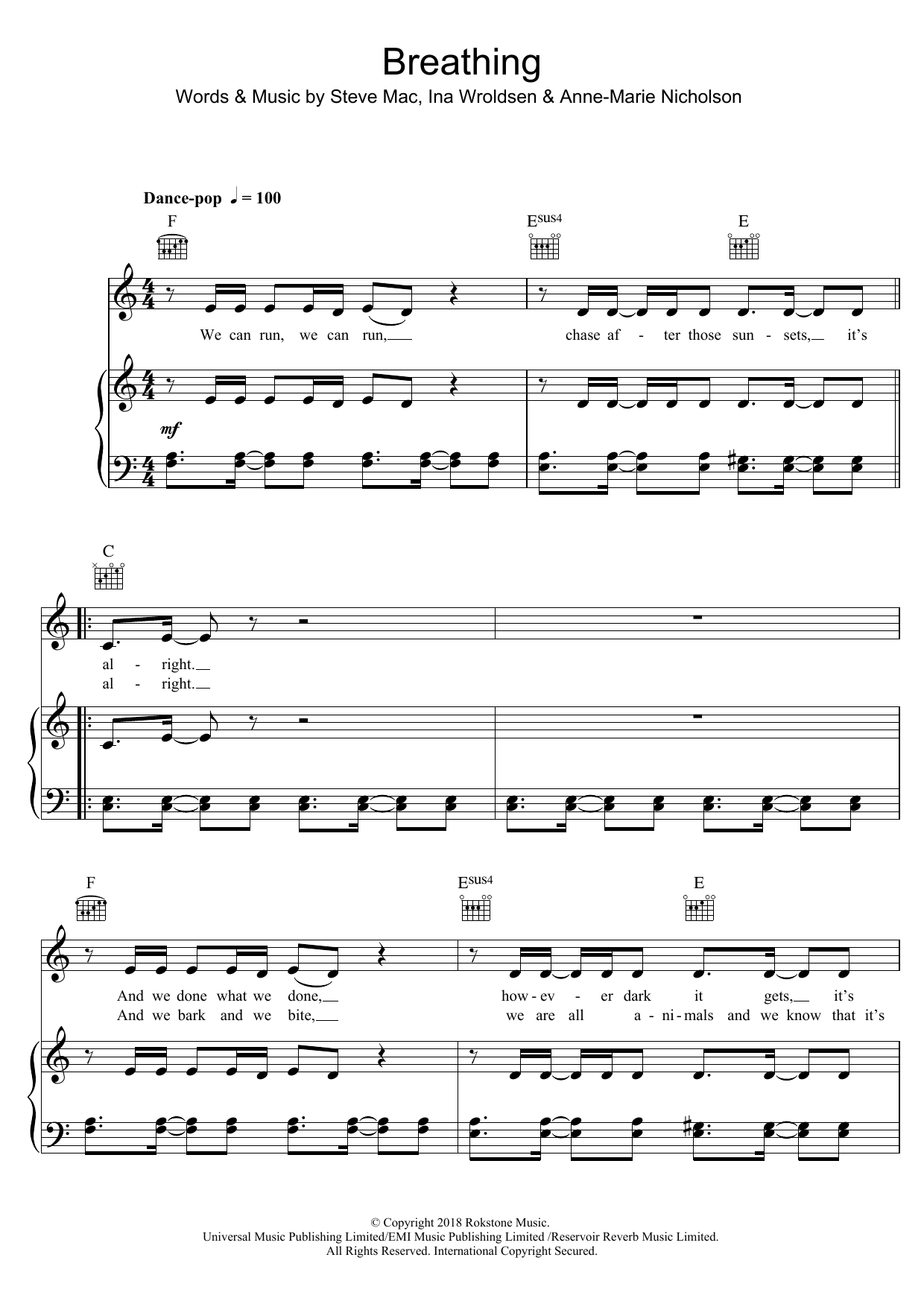 Anne-Marie Breathing Fire Sheet Music Notes & Chords for Piano, Vocal & Guitar (Right-Hand Melody) - Download or Print PDF