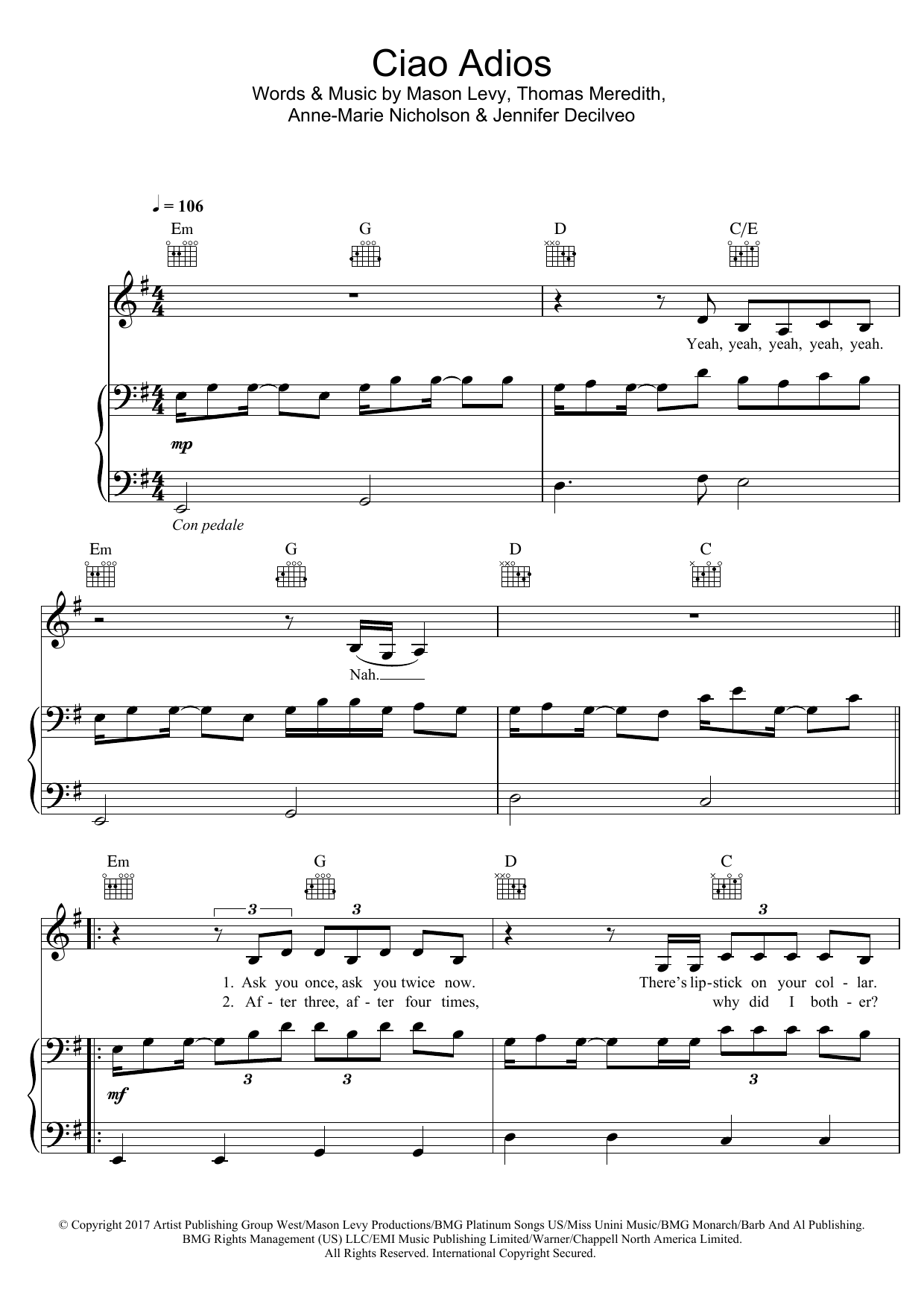 Anne-Marie Ciao Adios Sheet Music Notes & Chords for Piano, Vocal & Guitar (Right-Hand Melody) - Download or Print PDF