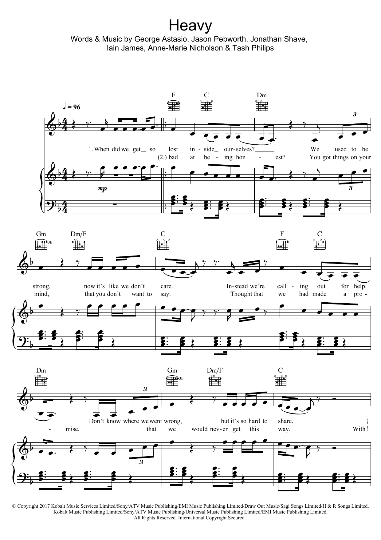 Anne-Marie Heavy Sheet Music Notes & Chords for Piano, Vocal & Guitar (Right-Hand Melody) - Download or Print PDF