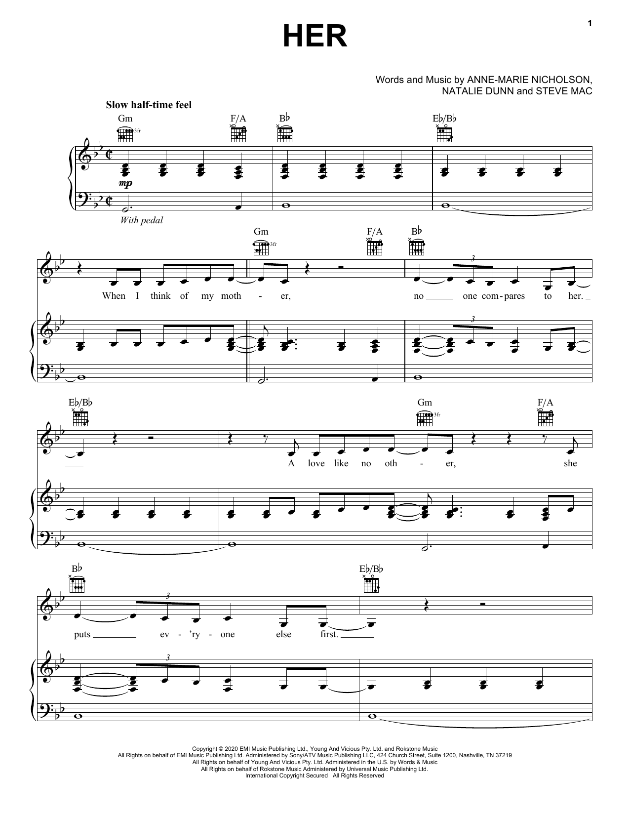 Anne-Marie Her Sheet Music Notes & Chords for Piano, Vocal & Guitar (Right-Hand Melody) - Download or Print PDF
