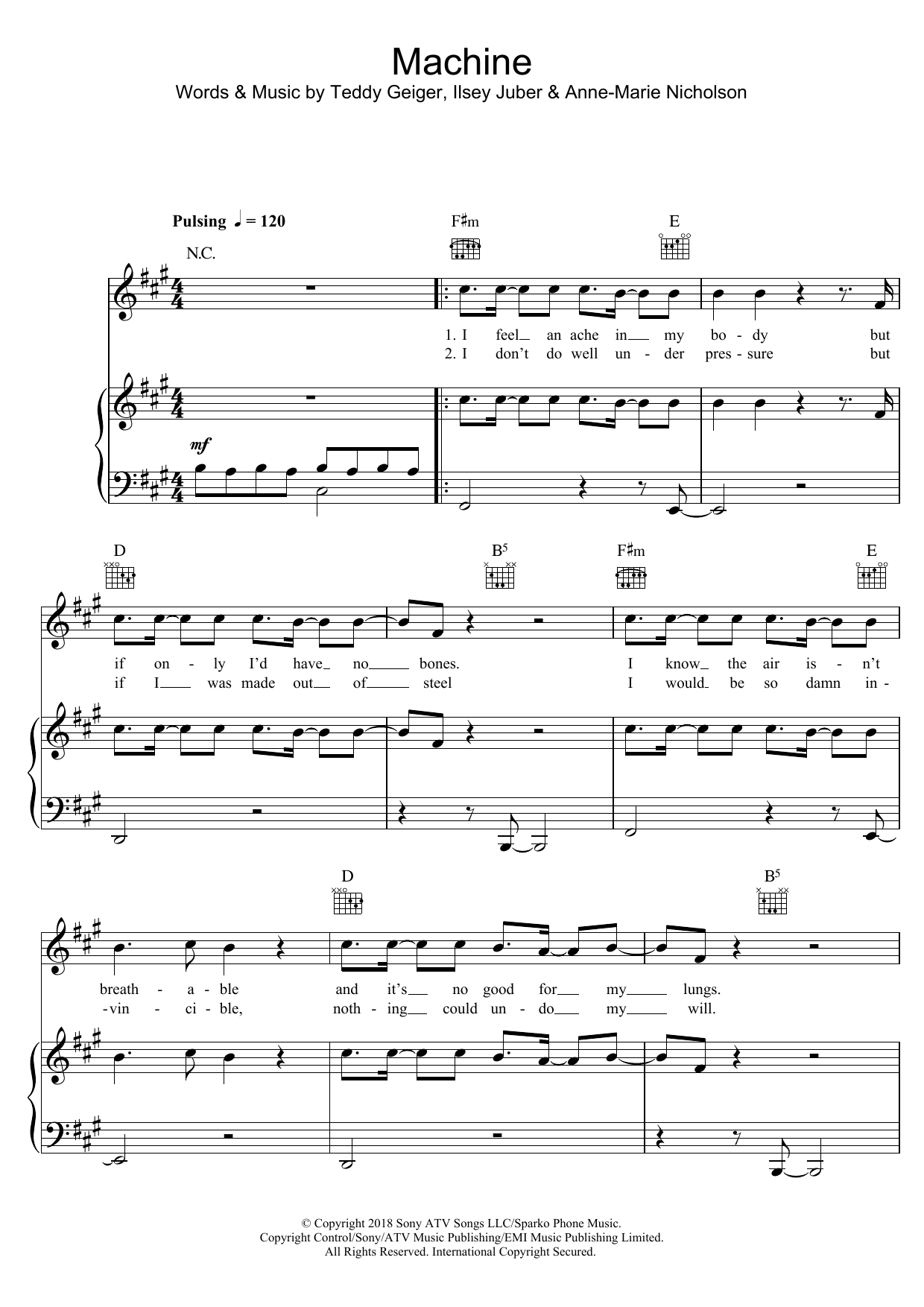 Anne-Marie Machine Sheet Music Notes & Chords for Piano, Vocal & Guitar (Right-Hand Melody) - Download or Print PDF