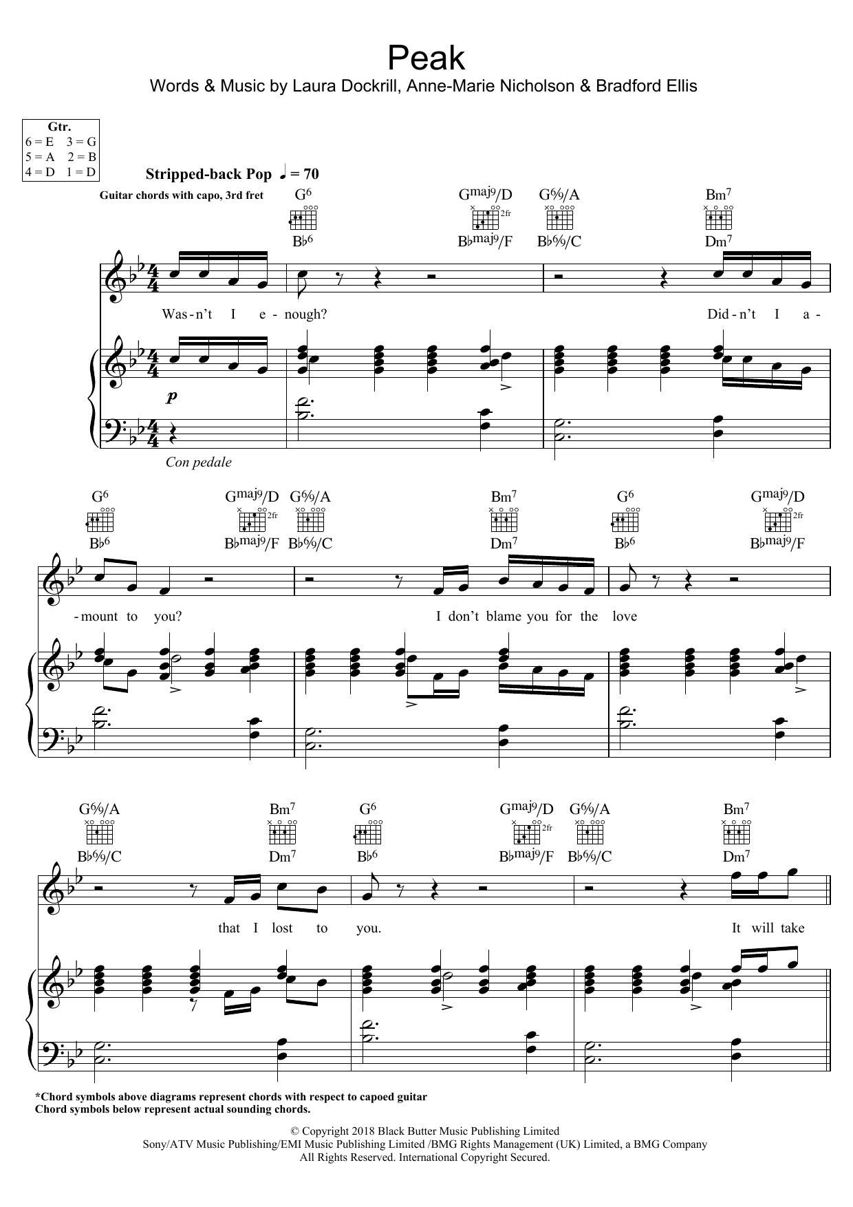 Anne-Marie Peak Sheet Music Notes & Chords for Piano, Vocal & Guitar (Right-Hand Melody) - Download or Print PDF