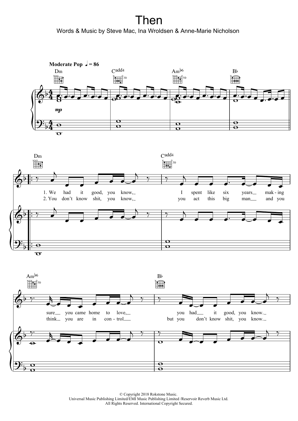 Anne-Marie Then Sheet Music Notes & Chords for Piano, Vocal & Guitar (Right-Hand Melody) - Download or Print PDF