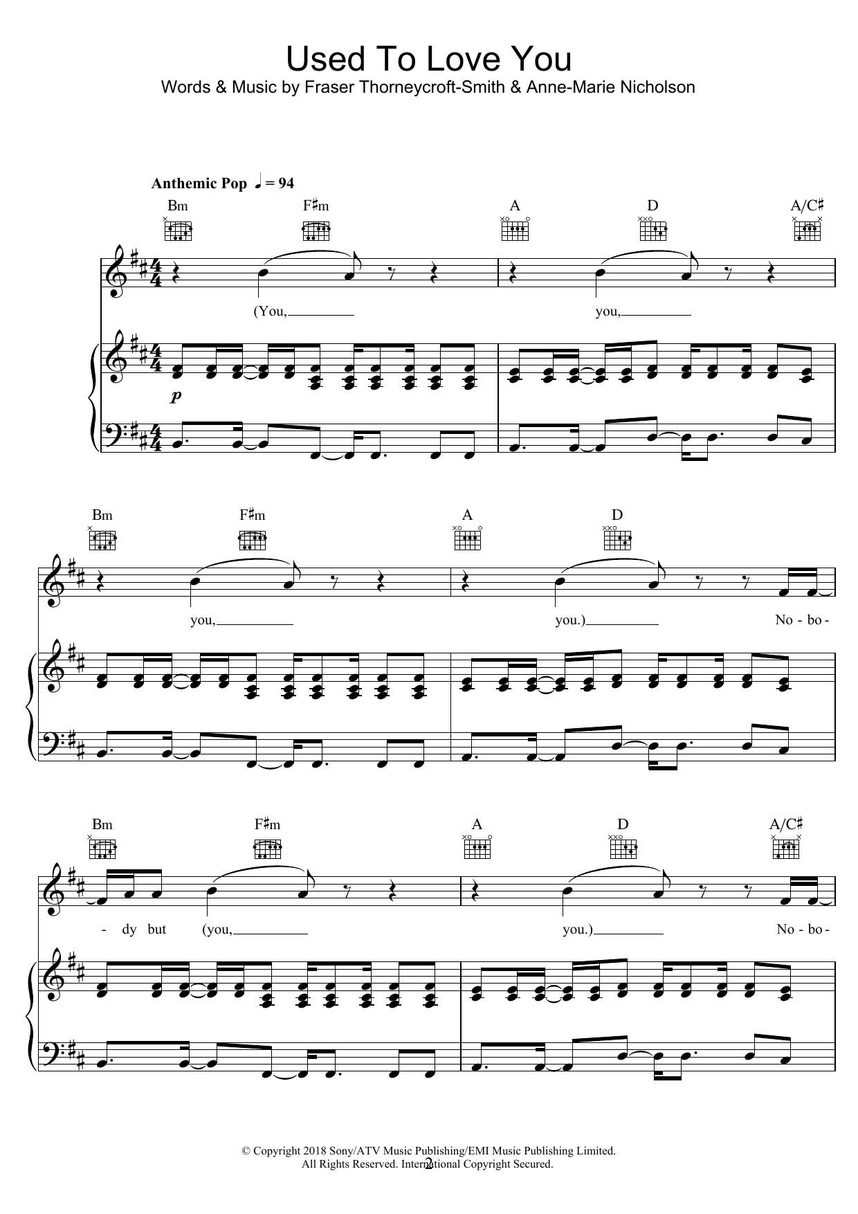 Anne-Marie Used To Love You Sheet Music Notes & Chords for Piano, Vocal & Guitar (Right-Hand Melody) - Download or Print PDF