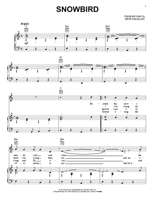 Anne Murray Snowbird Sheet Music Notes & Chords for Piano, Vocal & Guitar (Right-Hand Melody) - Download or Print PDF
