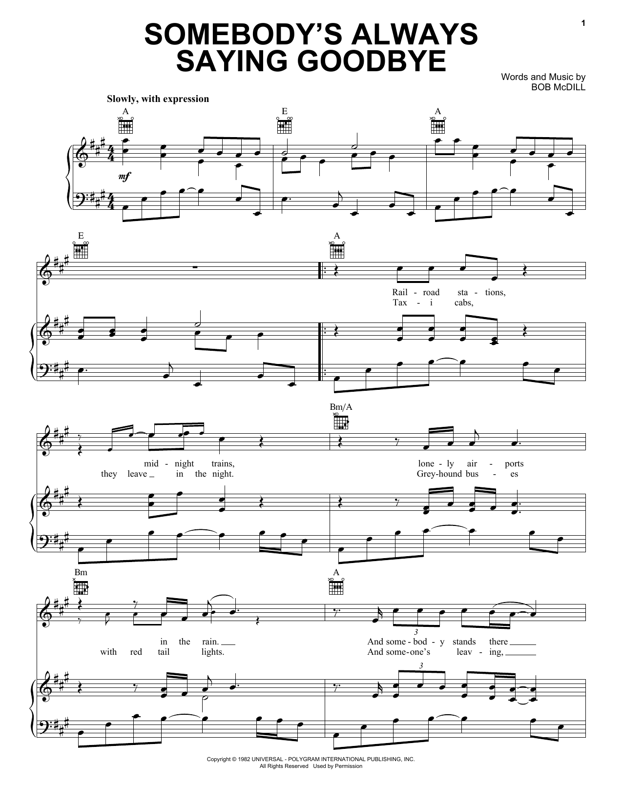 Anne Murray Somebody's Always Saying Goodbye Sheet Music Notes & Chords for Piano, Vocal & Guitar Chords (Right-Hand Melody) - Download or Print PDF