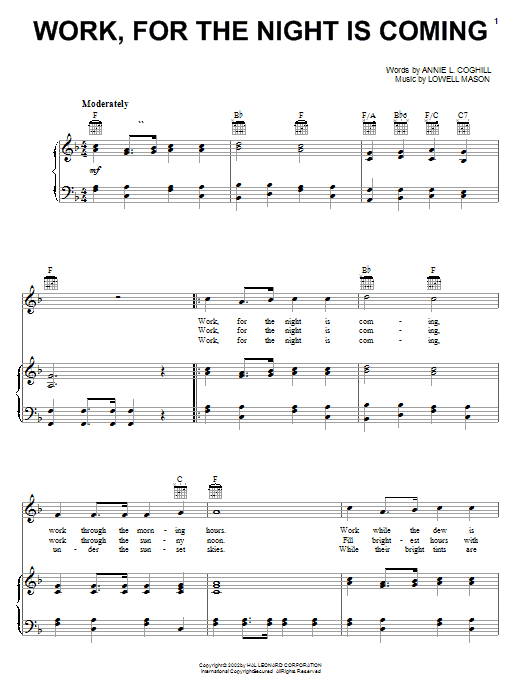 Annie L. Coghill Work, For The Night Is Coming Sheet Music Notes & Chords for Piano, Vocal & Guitar (Right-Hand Melody) - Download or Print PDF