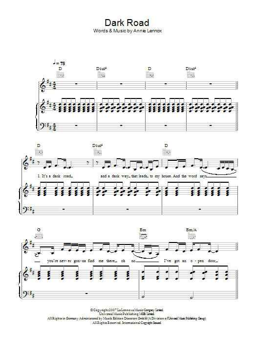 Annie Lennox Dark Road Sheet Music Notes & Chords for Piano, Vocal & Guitar - Download or Print PDF