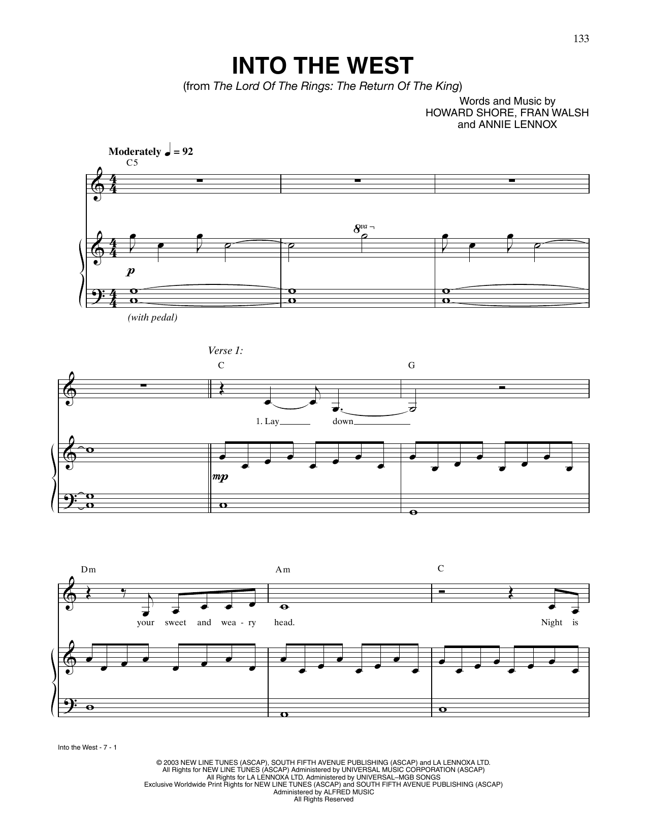 Annie Lennox Into The West (from Lord Of The Rings: The Return Of The King) Sheet Music Notes & Chords for Piano & Vocal - Download or Print PDF
