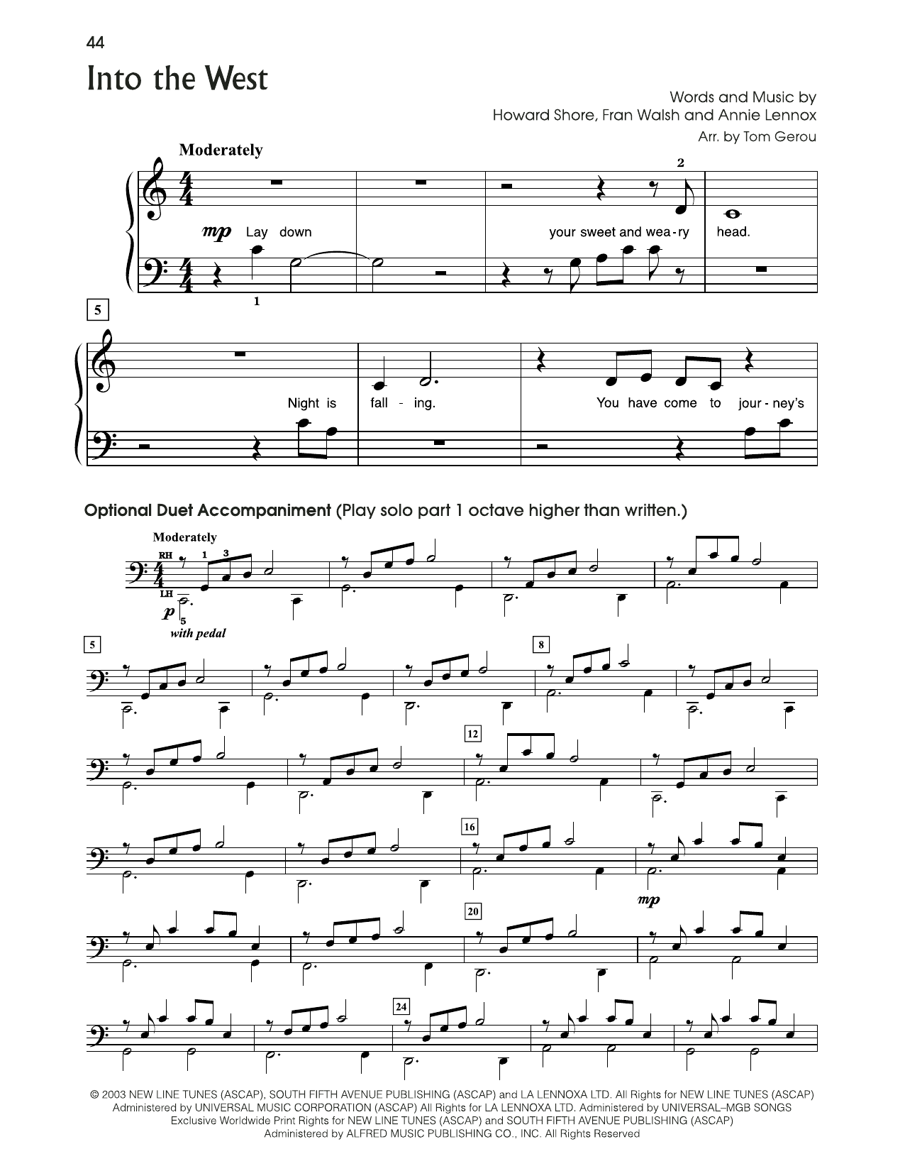Annie Lennox Into The West (from The Lord Of The Rings) (arr. Tom Gerou) Sheet Music Notes & Chords for 5-Finger Piano - Download or Print PDF
