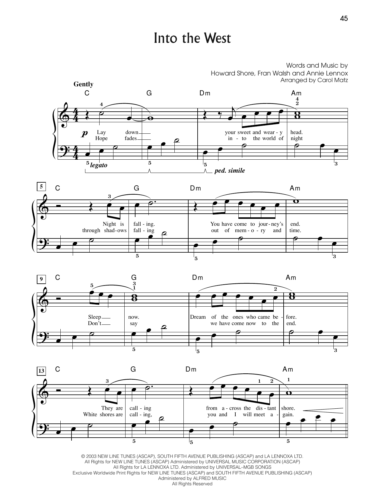 Annie Lennox Into The West (from The Lord Of The Rings: The Return Of The King) (arr. Carol Matz) Sheet Music Notes & Chords for Big Note Piano - Download or Print PDF