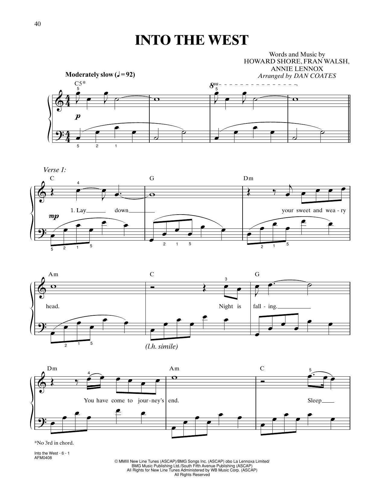 Annie Lennox Into The West (from The Lord Of The Rings: The Return Of The King) (arr. Dan Coates) Sheet Music Notes & Chords for Easy Piano - Download or Print PDF Annie Lennox Into The West (from The Lord Of The Rings: The Return Of The King) (arr. Dan Coates) Sheet Music Notes & Chords for Easy Piano - Download or Print PDF
