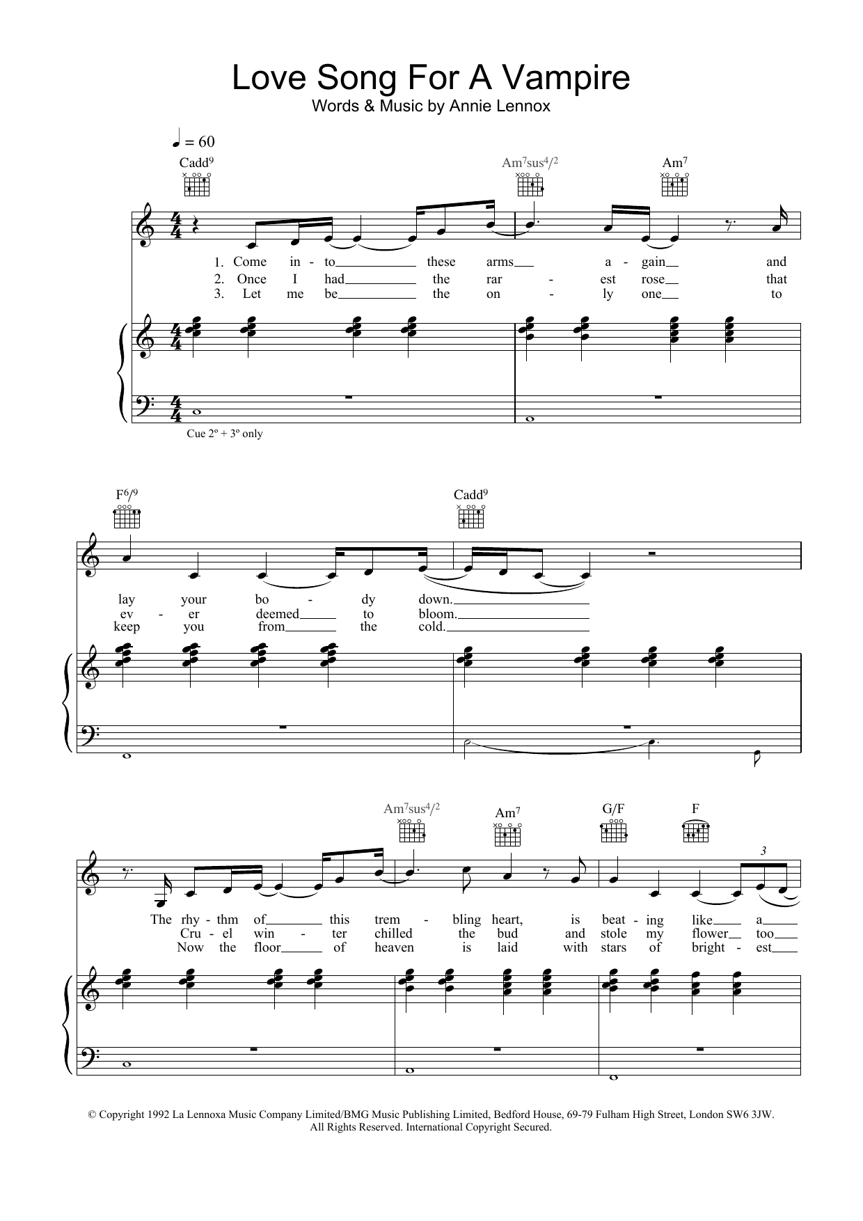 Annie Lennox Love Song For A Vampire Sheet Music Notes & Chords for Piano, Vocal & Guitar - Download or Print PDF