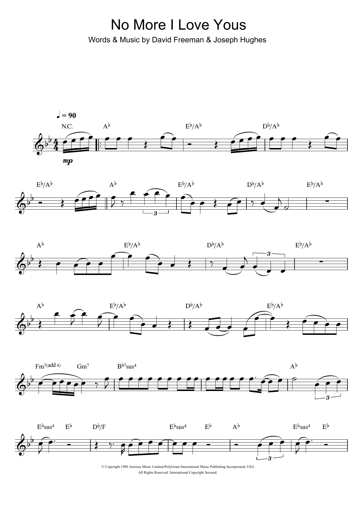 Annie Lennox No More I Love Yous Sheet Music Notes & Chords for Clarinet - Download or Print PDF