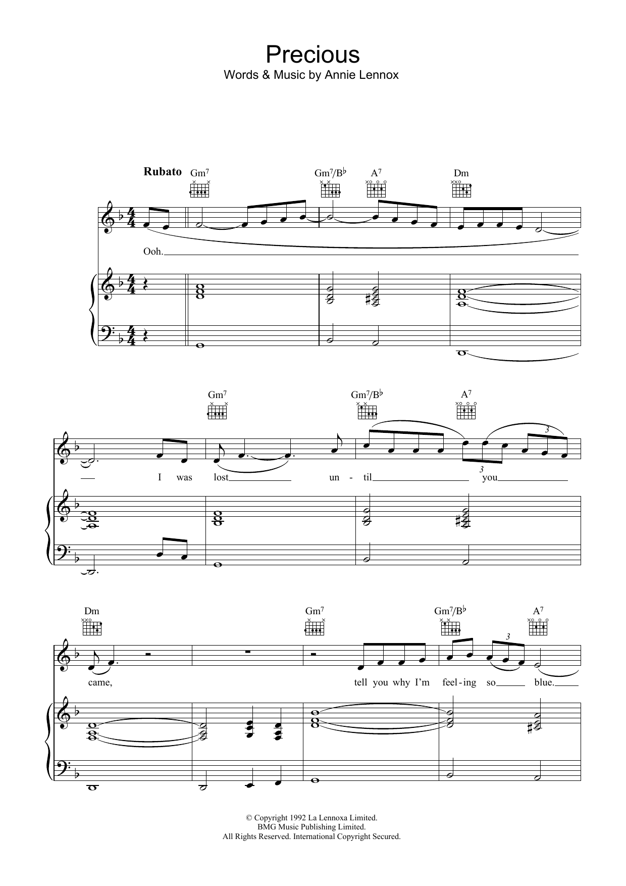 Annie Lennox Precious Sheet Music Notes & Chords for Piano, Vocal & Guitar - Download or Print PDF