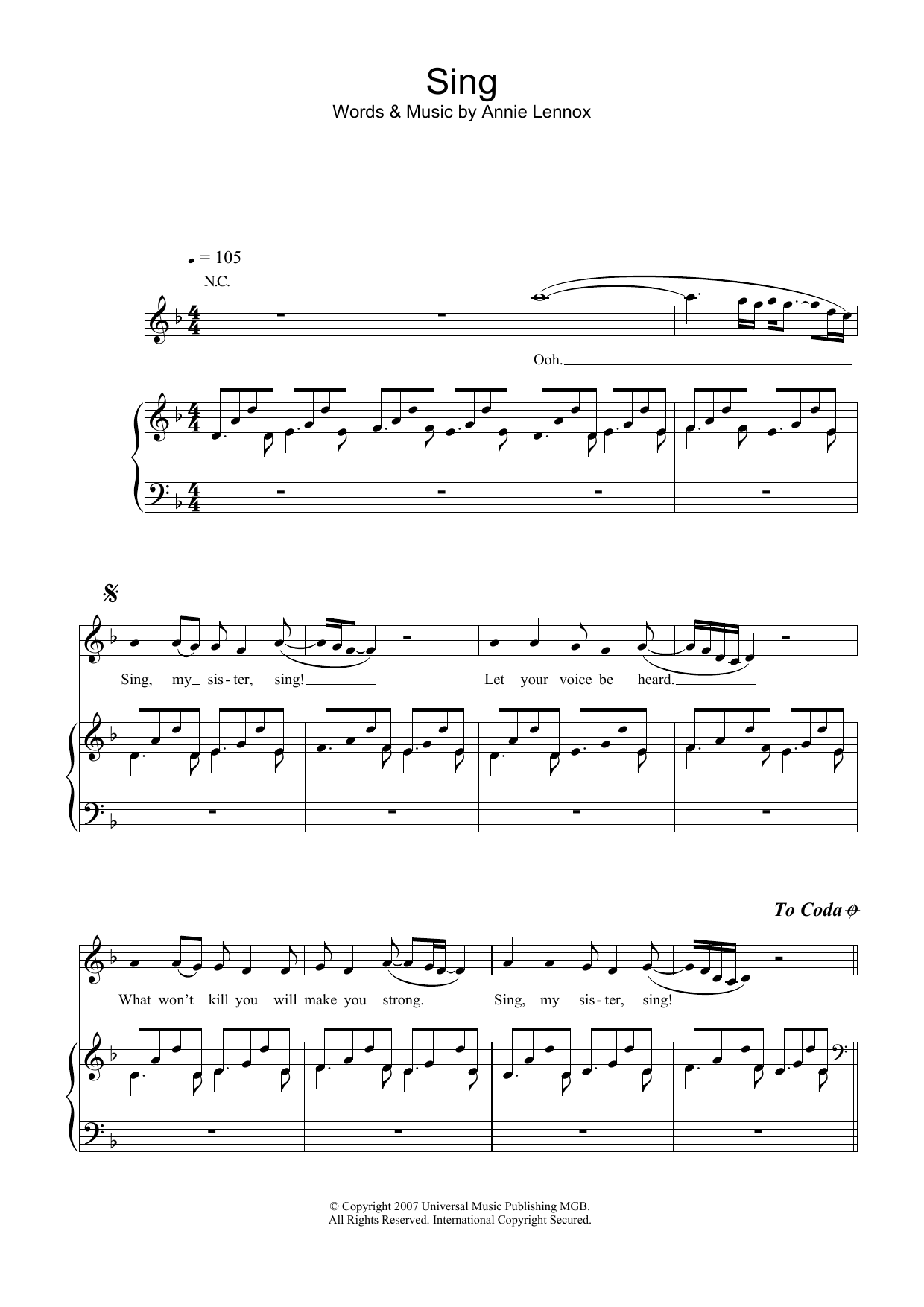 Annie Lennox Sing Sheet Music Notes & Chords for Piano, Vocal & Guitar - Download or Print PDF