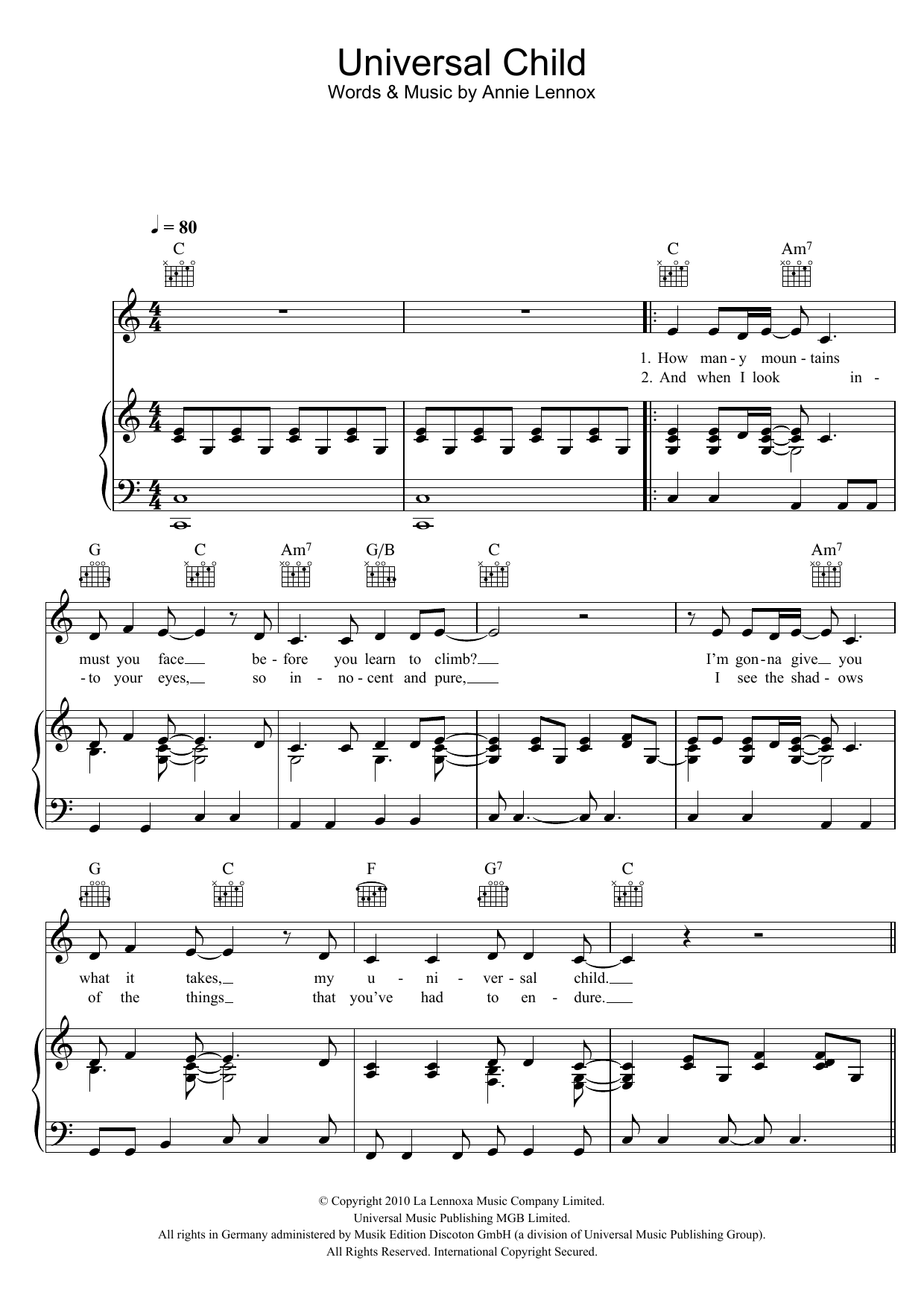 Annie Lennox Universal Child Sheet Music Notes & Chords for Piano, Vocal & Guitar (Right-Hand Melody) - Download or Print PDF