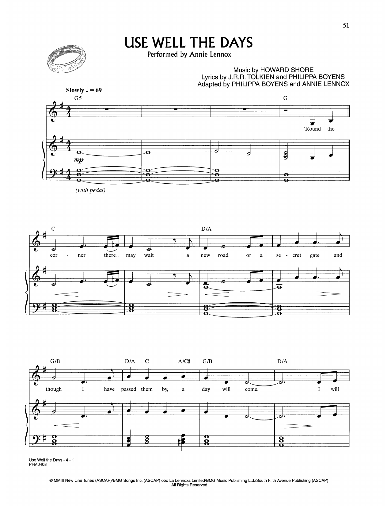 Annie Lennox Use Well The Days (from Lord Of The Rings) Sheet Music Notes & Chords for Piano & Vocal - Download or Print PDF