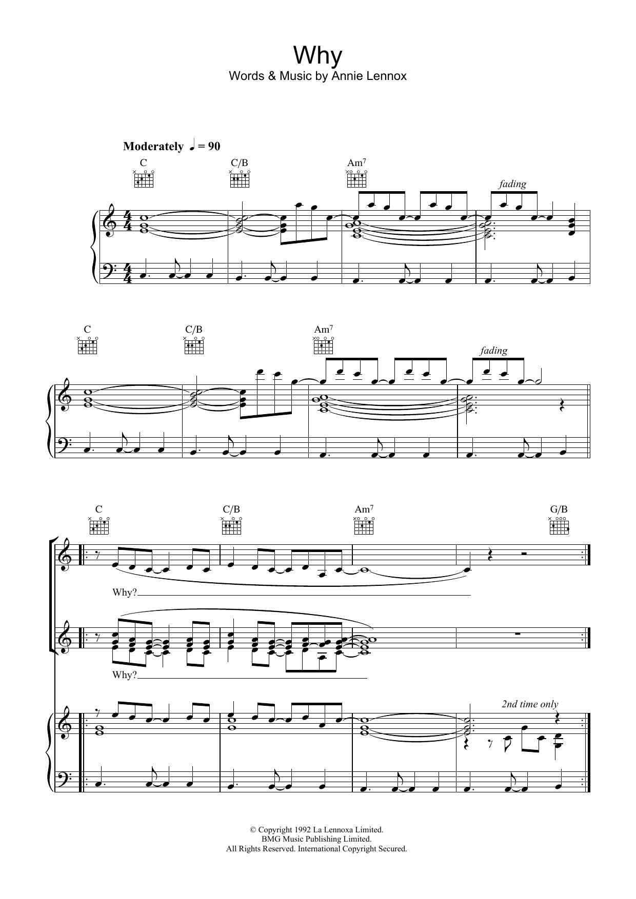 Annie Lennox Why Sheet Music Notes & Chords for Piano, Vocal & Guitar Chords (Right-Hand Melody) - Download or Print PDF