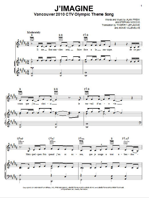 Annie Villeneuve J'Imagine Sheet Music Notes & Chords for Piano, Vocal & Guitar (Right-Hand Melody) - Download or Print PDF
