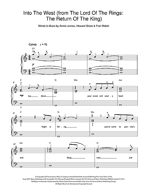 Mujer hermosa Acercarse luto Annie Lennox "Into The West (from Lord Of The Rings: The Return Of The  King)" Sheet Music Notes | Download PDF Score Printable