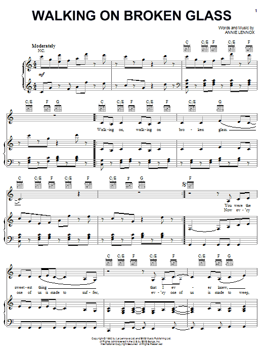 Preview Annie Lennox Walking On Broken Glass Rock sheet music, notes and chords for Piano, Vocal & Guitar (Right-Hand Melody), SKU: 18167 Walking On Broken Glass sheet music