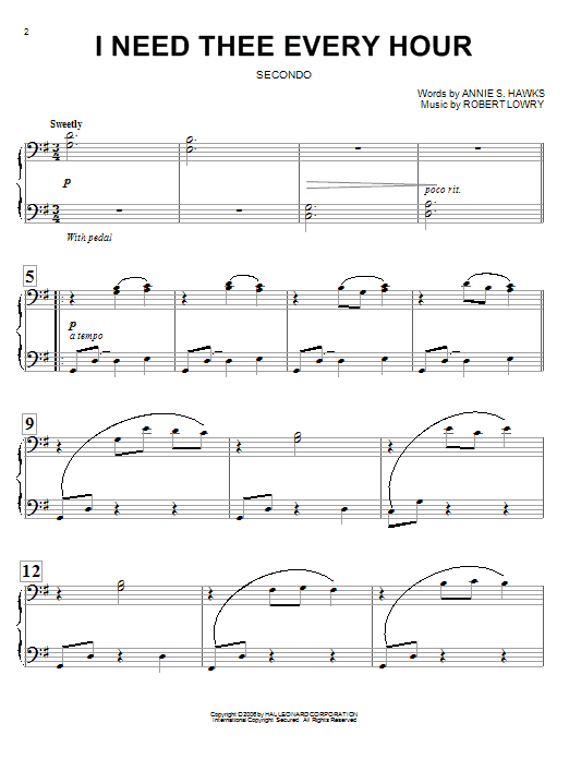 Preview Annie S. Hawks I Need Thee Every Hour Hymn sheet music, notes and chords for Piano, SKU: 82247 I Need Thee Every Hour sheet music