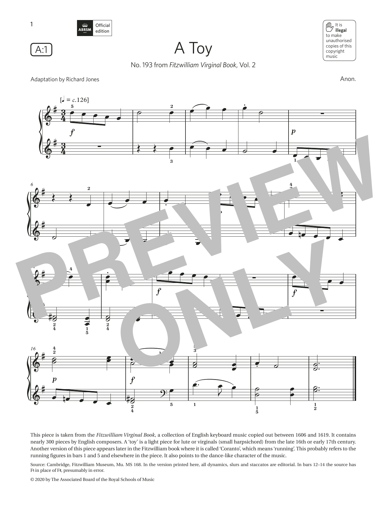 Anon. A Toy (Grade 1, list A1, from the ABRSM Piano Syllabus 2021 & 2022) Sheet Music Notes & Chords for Piano Solo - Download or Print PDF