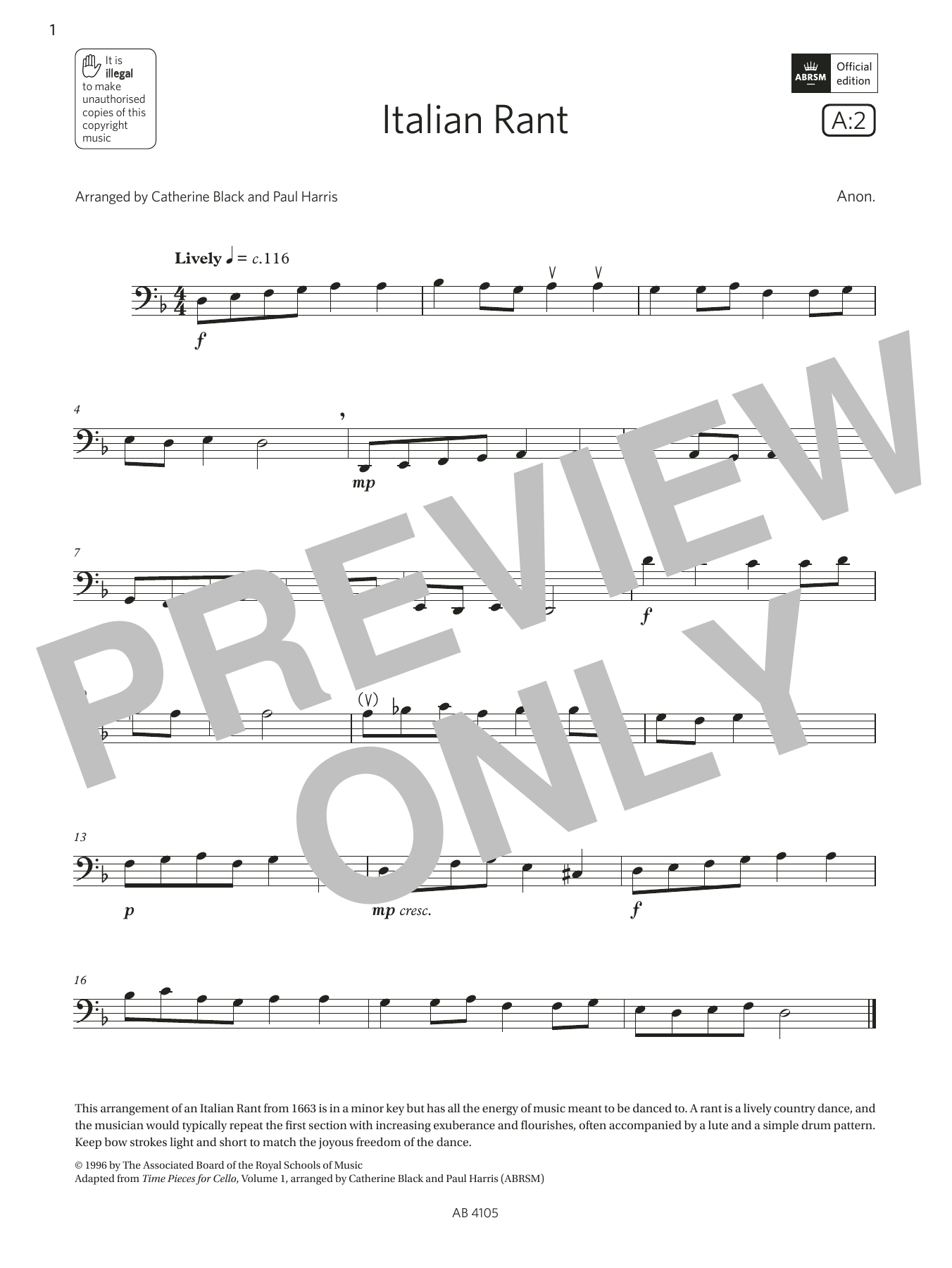 Anon. Italian Rant (Grade 2, A2, from the ABRSM Cello Syllabus from 2024) Sheet Music Notes & Chords for Cello Solo - Download or Print PDF