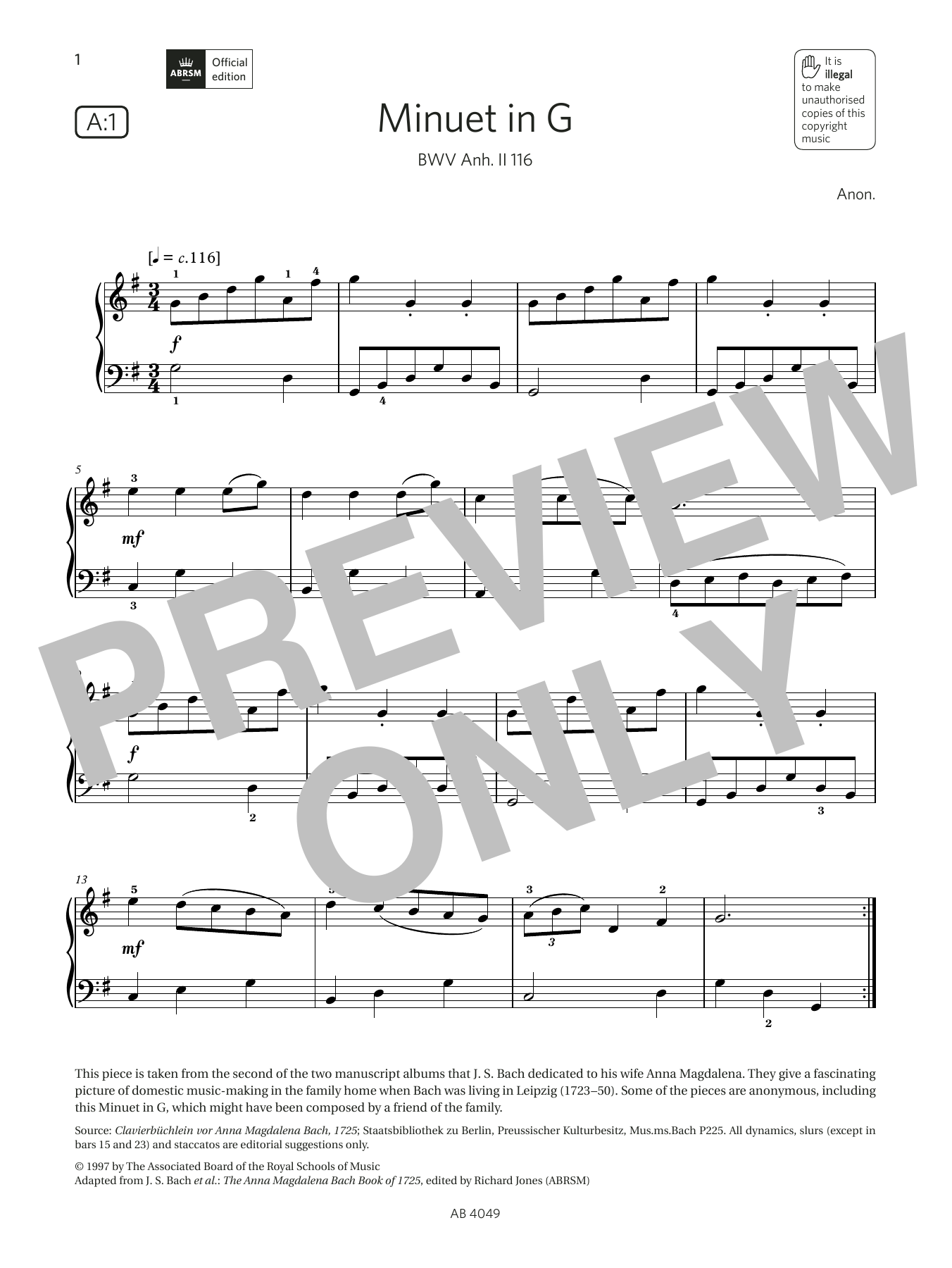 Anon Minuet in G (Grade 3, list A1, from the ABRSM Piano Syllabus 2023 & 2024) Sheet Music Notes & Chords for Piano Solo - Download or Print PDF