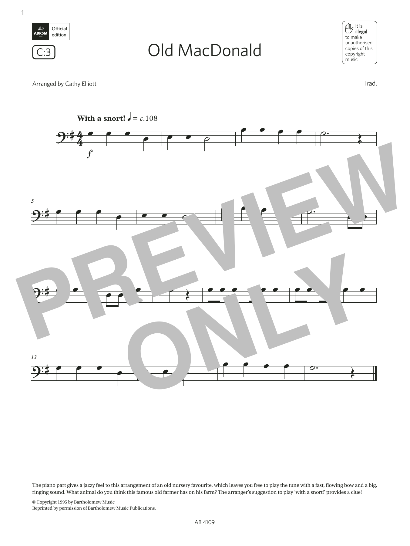 Anon. Old MacDonald (Grade Initial, C3, from the ABRSM Double Bass Syllabus from 2024) Sheet Music Notes & Chords for String Bass Solo - Download or Print PDF