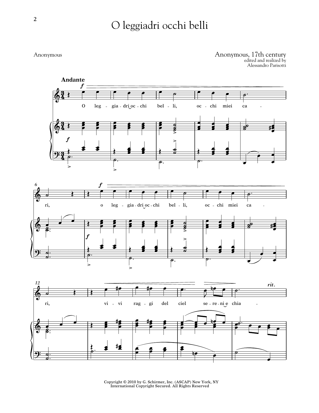 Anonymous, 17th Century O Leggiadri Occhi Belli (High Voice) Sheet Music Notes & Chords for Piano & Vocal - Download or Print PDF