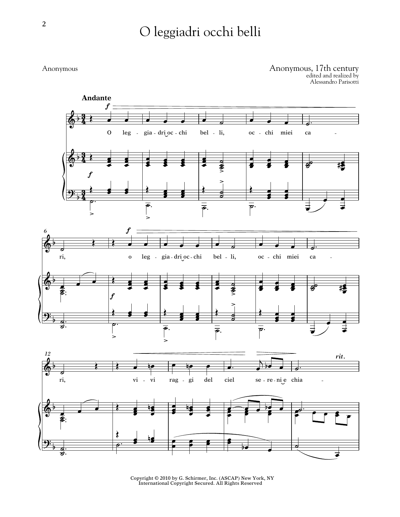 Anonymous, 17th Century O Leggiadri Occhi Belli (Low Voice) Sheet Music Notes & Chords for Piano & Vocal - Download or Print PDF