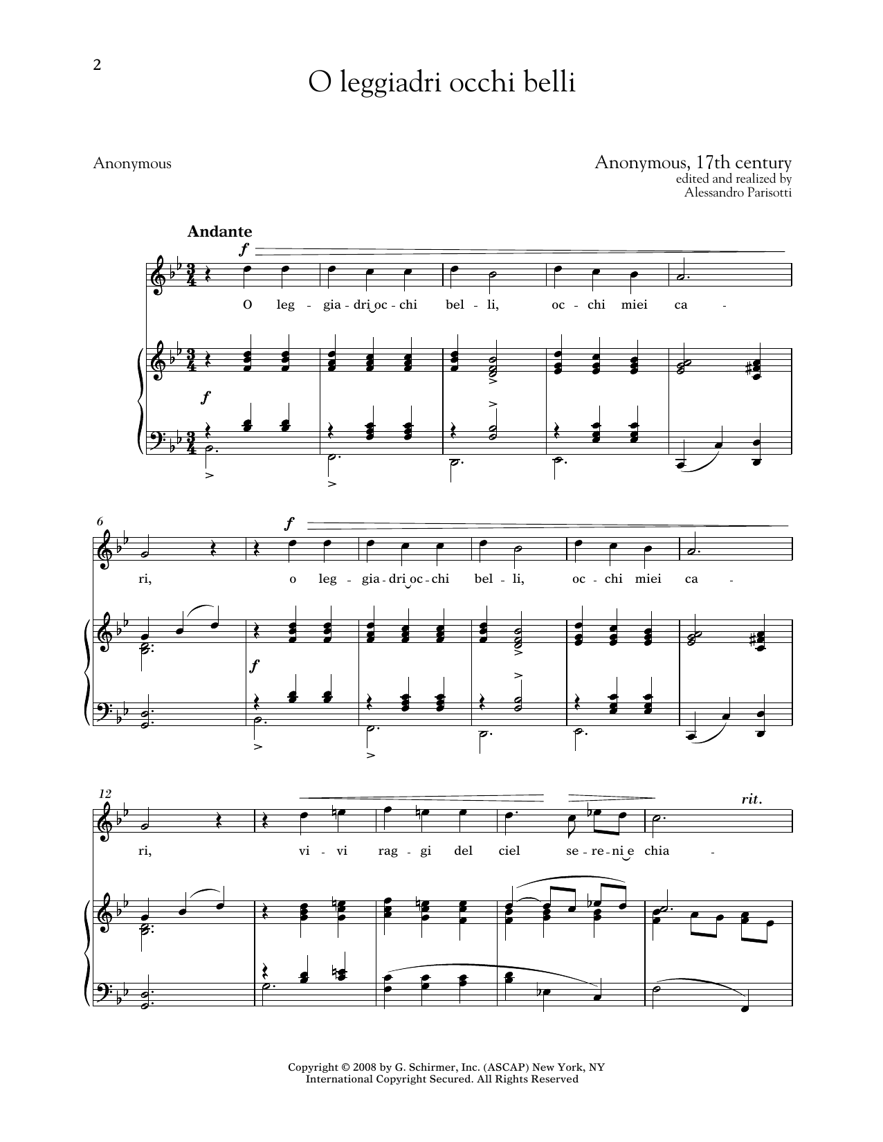 Anonymous, 17th Century O Leggiadri Occhi Belli (Medium High Voice) Sheet Music Notes & Chords for Piano & Vocal - Download or Print PDF