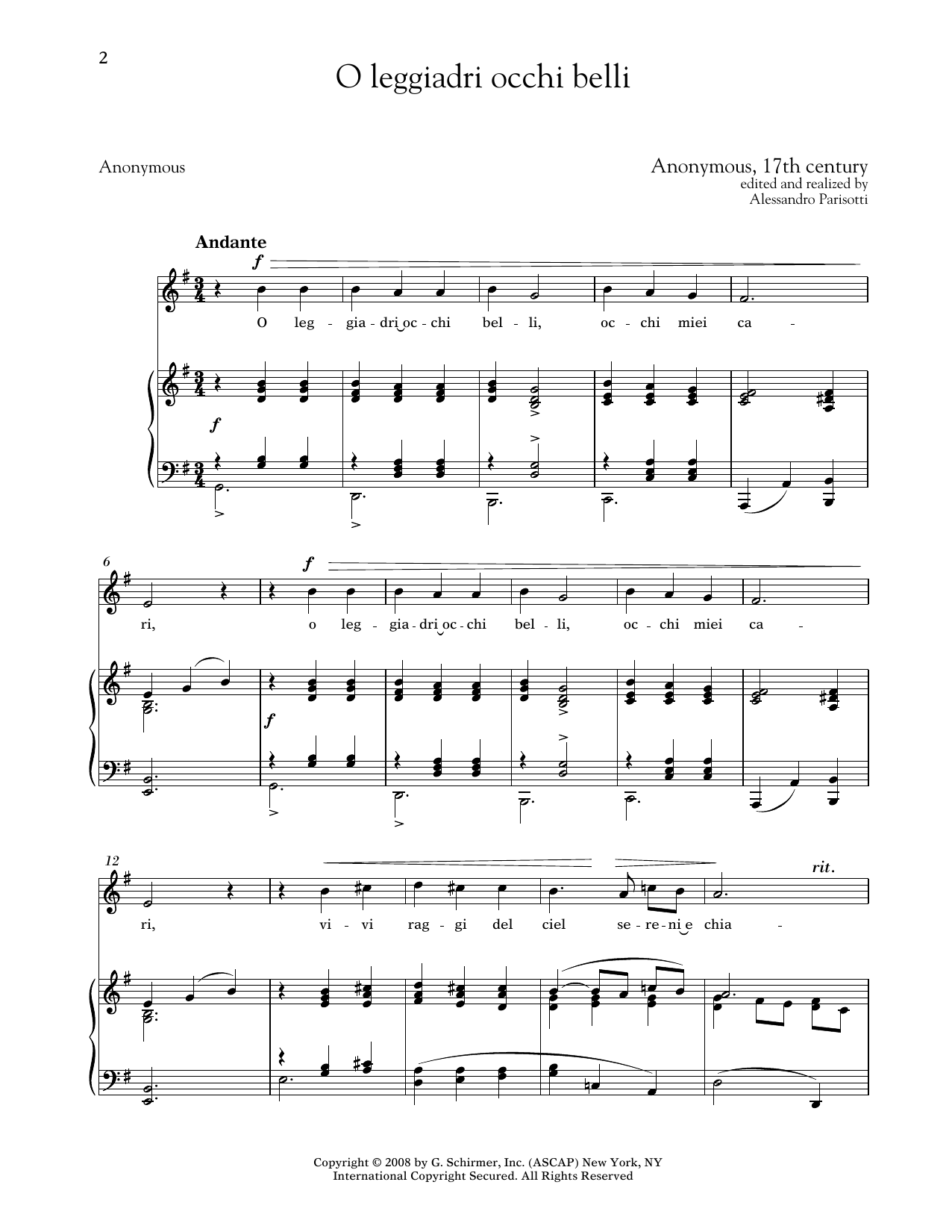 Anonymous, 17th Century O Leggiadri Occhi Belli (Medium Low Voice) Sheet Music Notes & Chords for Piano & Vocal - Download or Print PDF