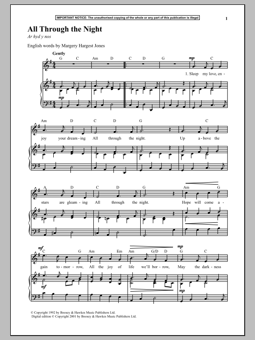 Anonymous All Through The Night Sheet Music Notes & Chords for Piano - Download or Print PDF
