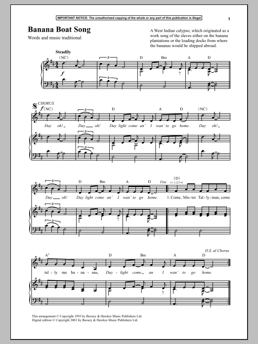 Anonymous Banana Boat Song Sheet Music Notes & Chords for Piano - Download or Print PDF