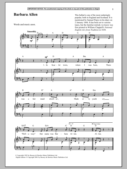 Anonymous Barbara Allen Sheet Music Notes & Chords for Piano - Download or Print PDF