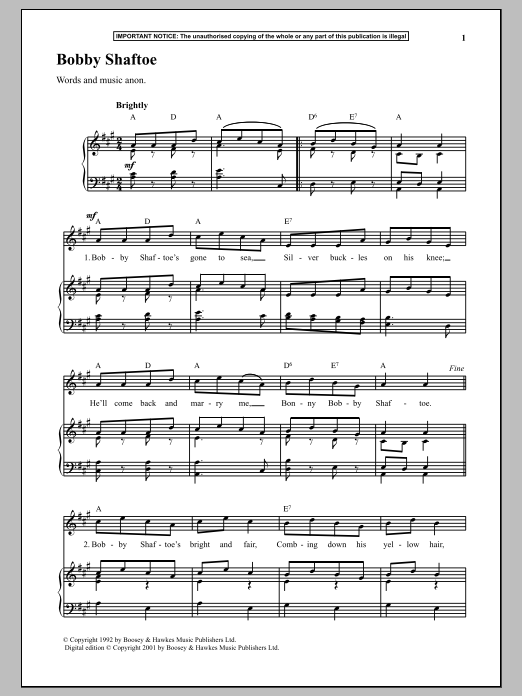 Anonymous Bobby Shaftoe Sheet Music Notes & Chords for Piano - Download or Print PDF