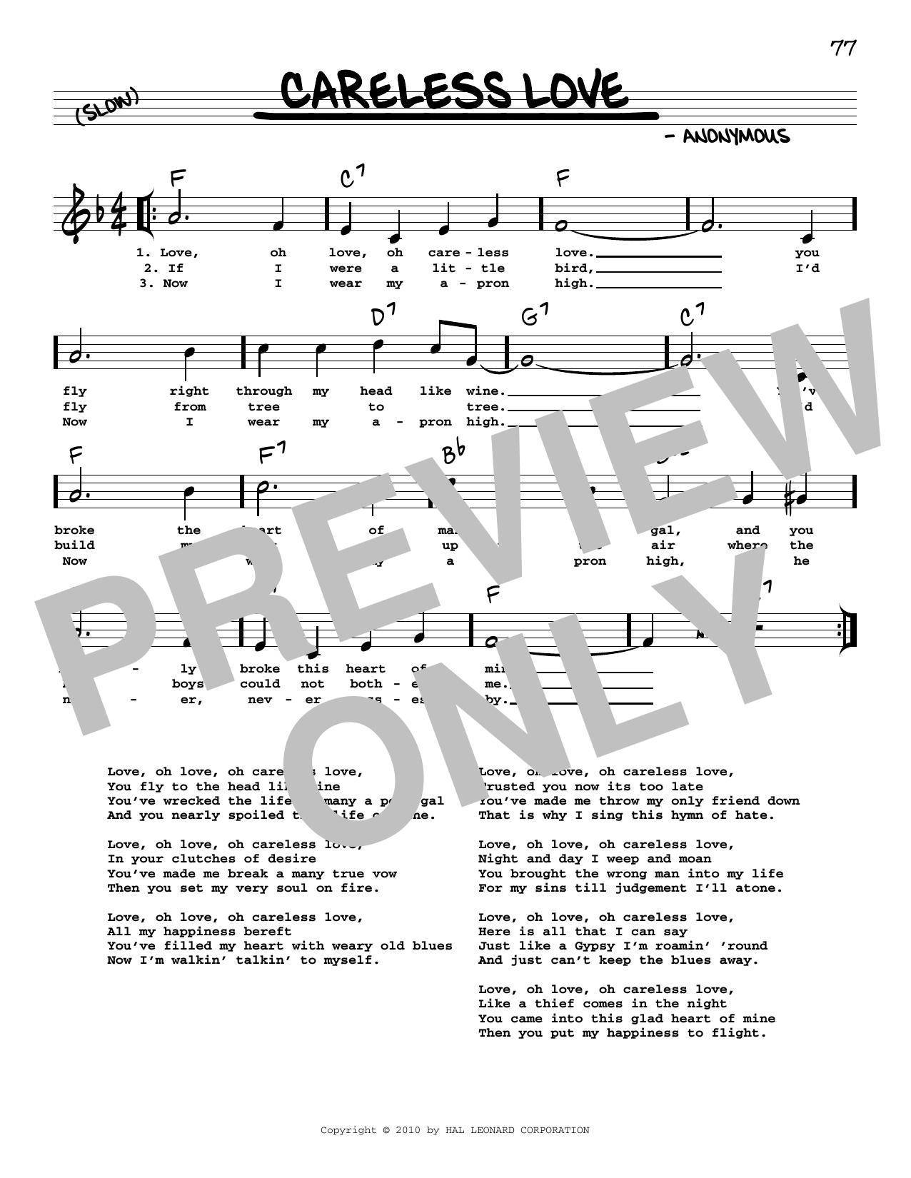 Anonymous Careless Love (arr. Robert Rawlins) Sheet Music Notes & Chords for Real Book – Melody, Lyrics & Chords - Download or Print PDF