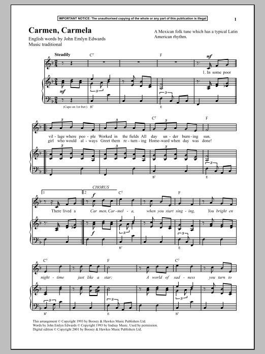 Anonymous Carmen, Carmela Sheet Music Notes & Chords for Piano - Download or Print PDF
