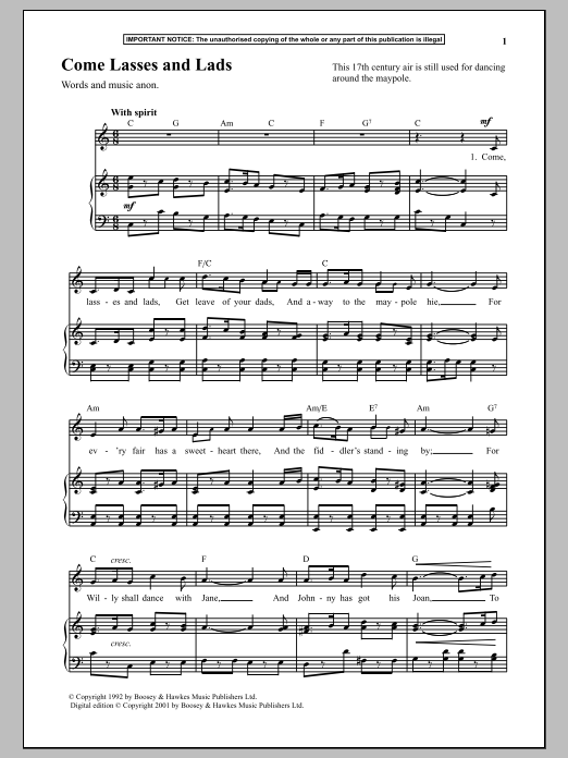 Anonymous Come Lasses And Lads Sheet Music Notes & Chords for Piano - Download or Print PDF