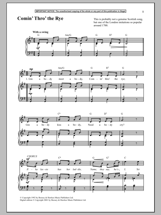 Anonymous Comin Thro The Rye Sheet Music Notes & Chords for Piano - Download or Print PDF