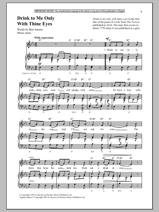 Anonymous Drink To Me Only With Thine Eyes Sheet Music Notes & Chords for Piano - Download or Print PDF