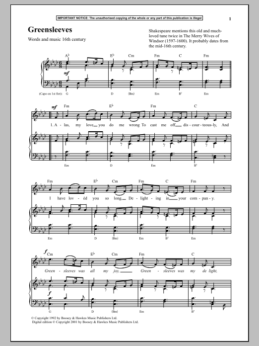 Anonymous Greensleeves Sheet Music Notes & Chords for Piano - Download or Print PDF