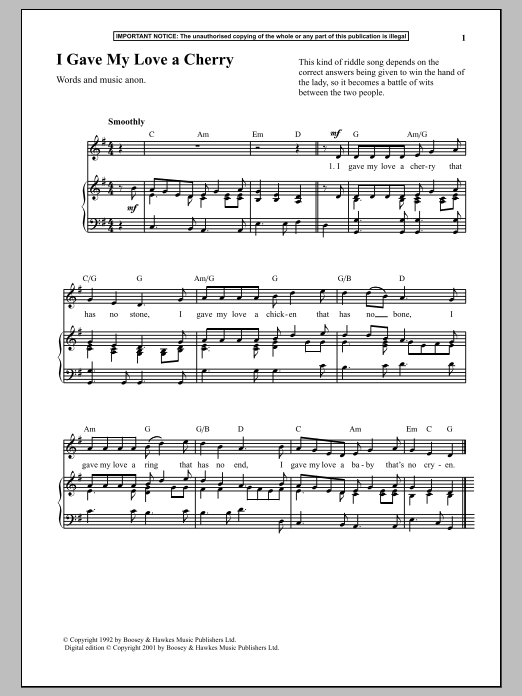 Anonymous I Gave My Love A Cherry Sheet Music Notes & Chords for Piano - Download or Print PDF