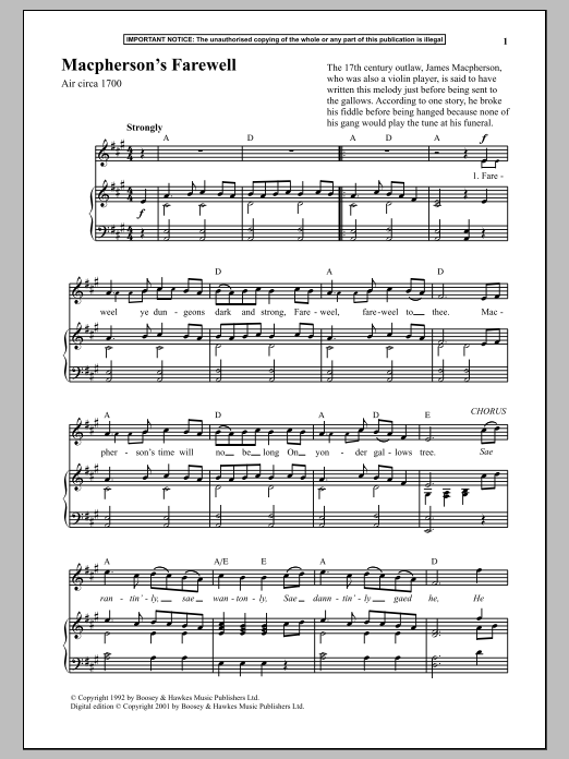 Anonymous Macpherson's Farewell Sheet Music Notes & Chords for Piano - Download or Print PDF
