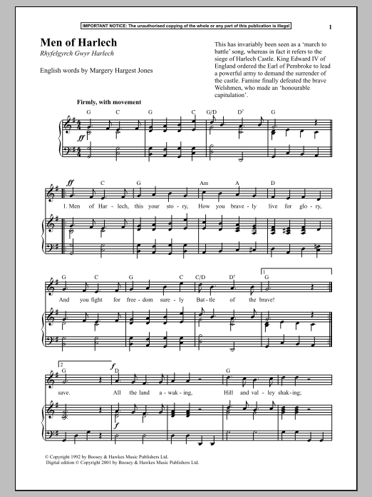 Anonymous Men Of Harlech Sheet Music Notes & Chords for Piano - Download or Print PDF