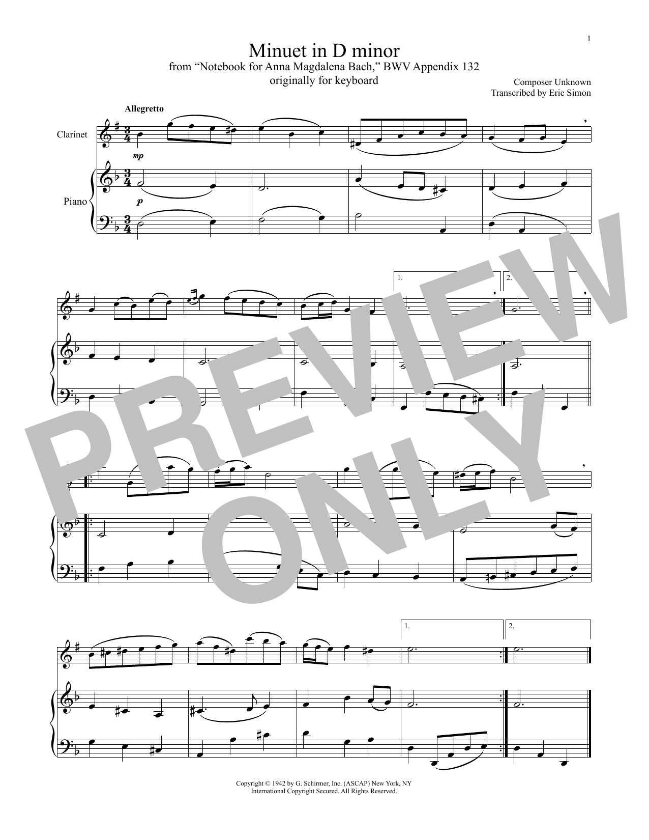Anonymous Minuet In D Minor, BWV Appendix 132 Sheet Music Notes & Chords for Clarinet and Piano - Download or Print PDF